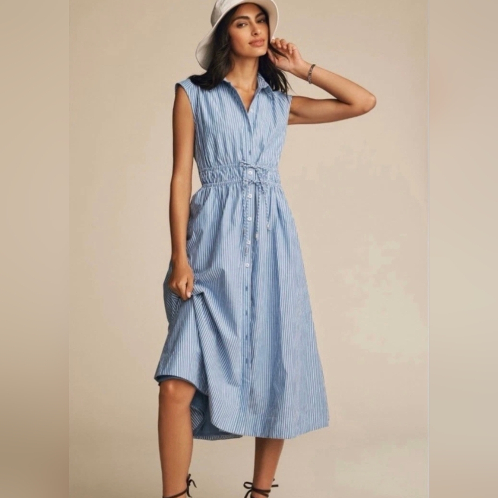 Maeve By Anthropologie Blue & White Striped Sleeveless Button-Front Midi Dress
